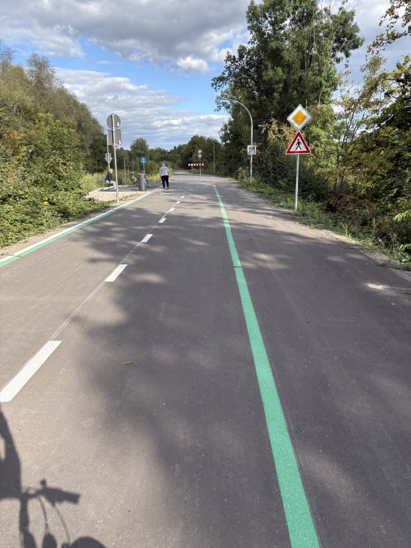 Aufnahme zeigt eine Radfahrerstraße mit grünem Markierungsstreifen auf der rechten Seite. Links sind Wegweiser zu sehen, darunter der Zebrastreifen. Hintergrund besteht aus Bäumen und einem blauen Himmel mit einigen Wolken. Eine Person in einem weißen Oberteil bewegt sich am Wegrand.