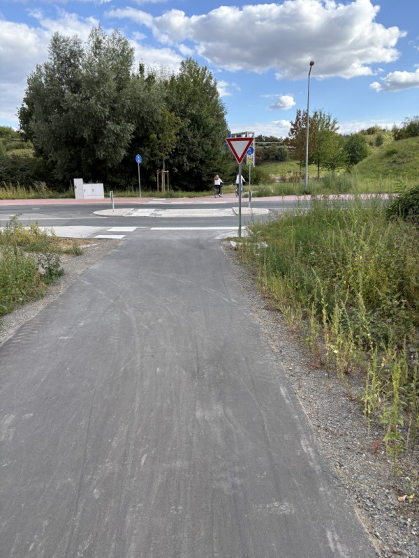Ein Radweg führt durch eine ländliche Gegend mit Bäumen und Grasbewuchs. Links und rechts des Weges steht Gras und Buschwerk. Ein Radfahrer kommt von der Ferne in einem Winkel einbog. Ein Verkehrszeichen für Fußgänger ist aufgestellt. Die Straße ist asphaltiert und der Himmel ist blau mit einigen Wolken.