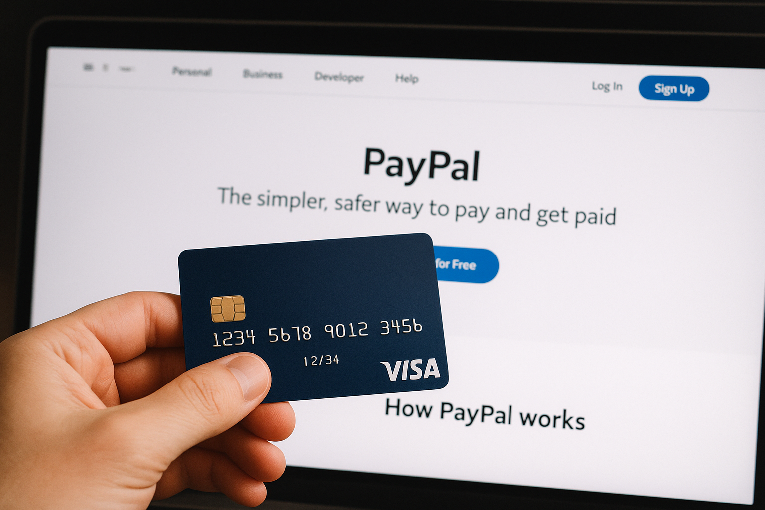 Ein Mensch hält eine blaue Visa-Kreditkarte vor einen Computerbildschirm, auf dem die Startseite von PayPal mit den Schaltflächen „Log In“ und „Sign Up“ geöffnet ist.
