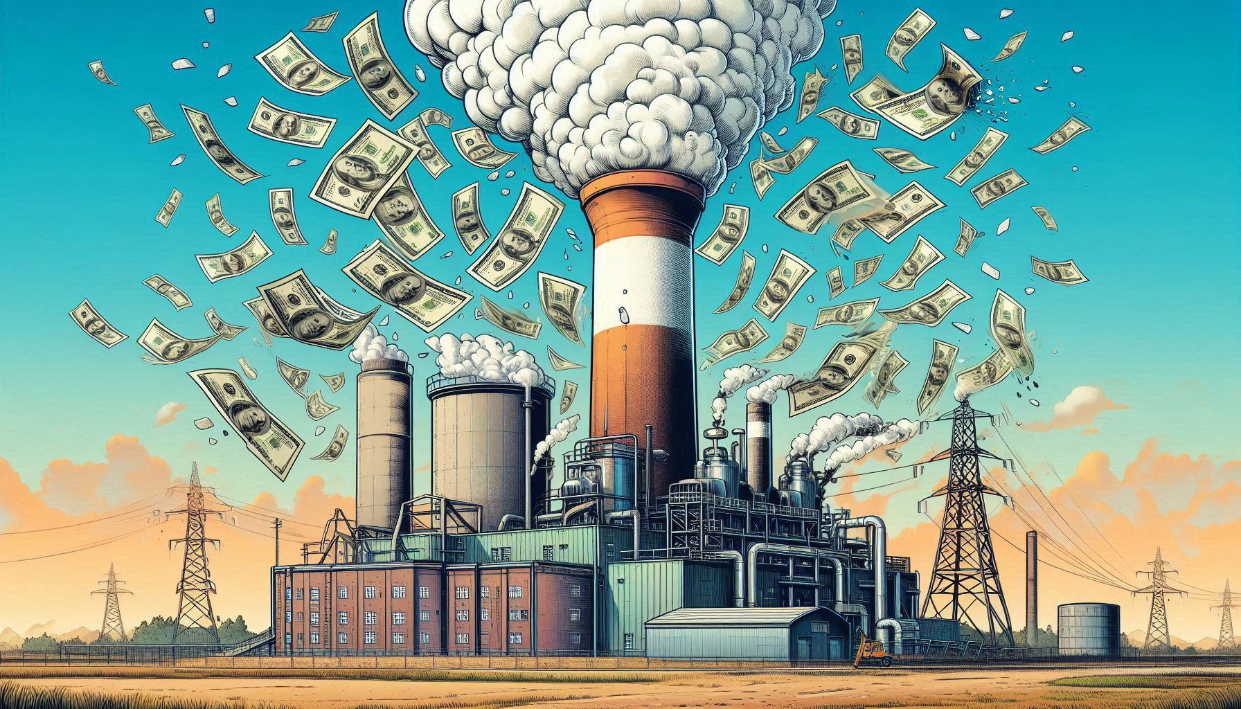 Das Bild zeigt eine Illustration eines Kraftwerks, das große Mengen Rauch aus seinen Schornsteinen in den Himmel bläst. Anstelle von normalem Rauch steigen jedoch Geldscheine (vor allem US-Dollar-Scheine) mit dem Rauch empor und wirbeln durch die Luft.